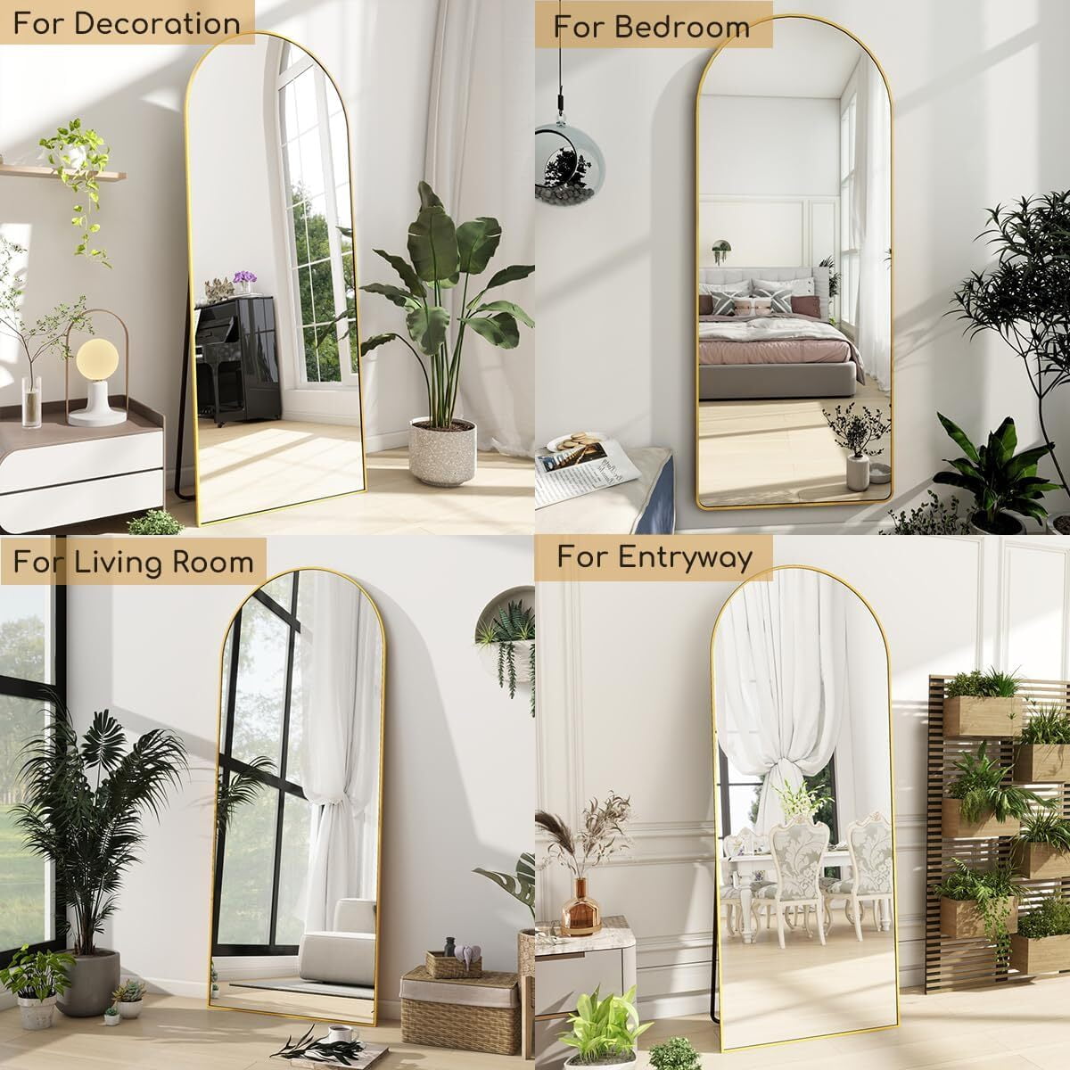 Anyrose 64.1"x21" Arched Modern Full Length Mirror Free standing Floor Mirror with Aluminum Frame, Gold
