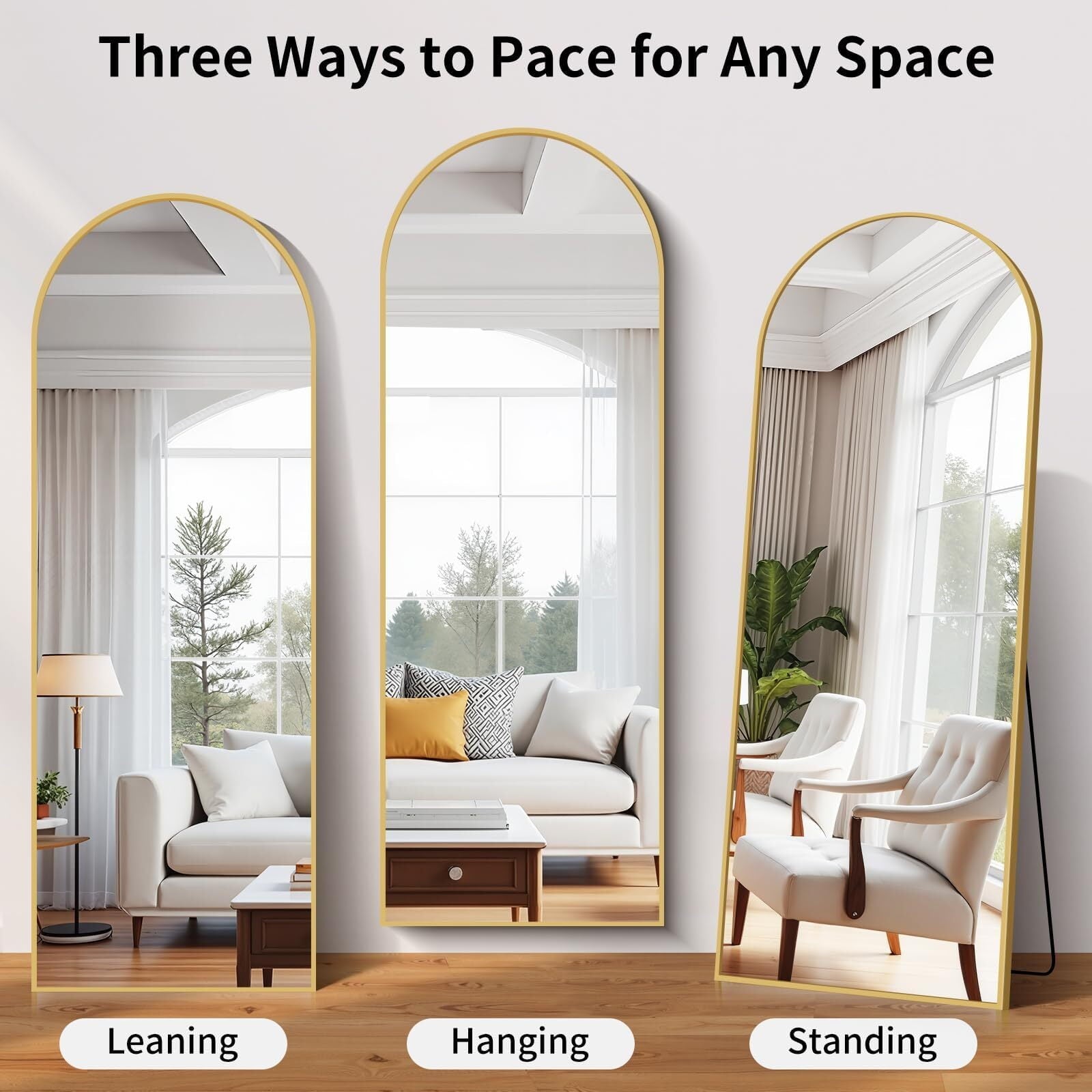 Anyrose 64.1"x21" Arched Modern Full Length Mirror Free standing Floor Mirror with Aluminum Frame, Gold